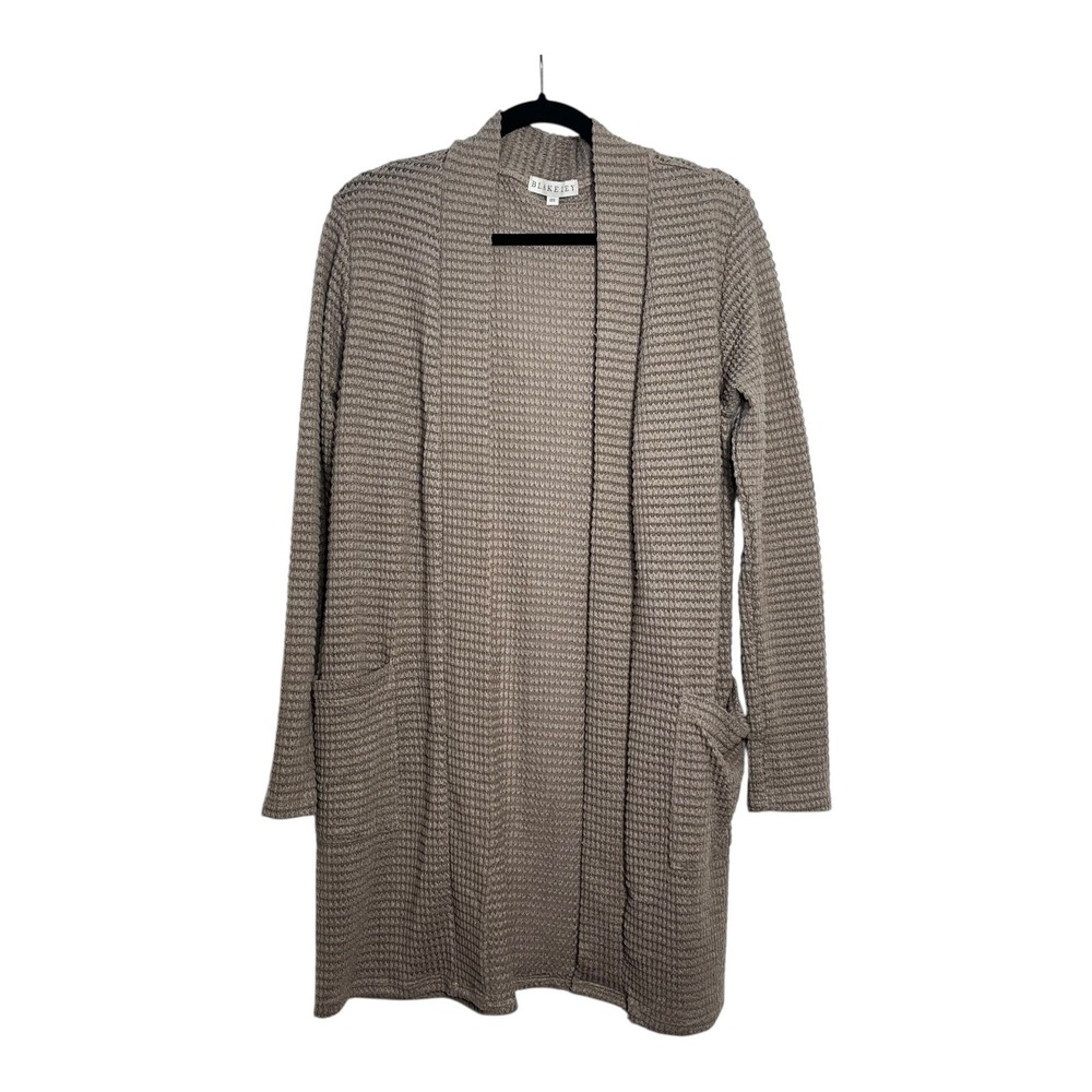 Blakeley Lola Waffle Knit Open‎ Front Cardigan Taupe Brown Longline Pockets OS